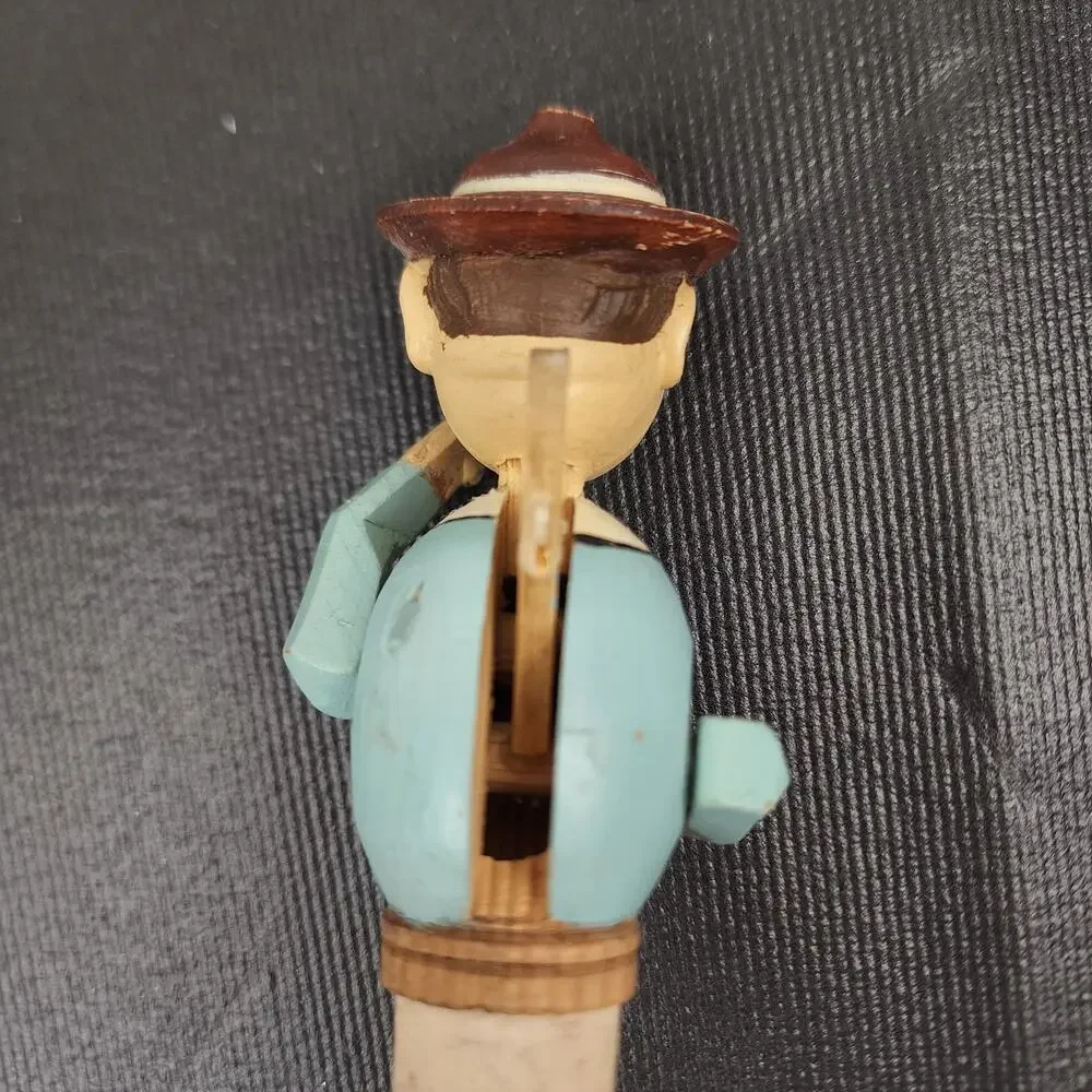 Hand Carved Mechanical Bottle Stopper Cork Drummer Blue Shirt & Brown Hat Anri?